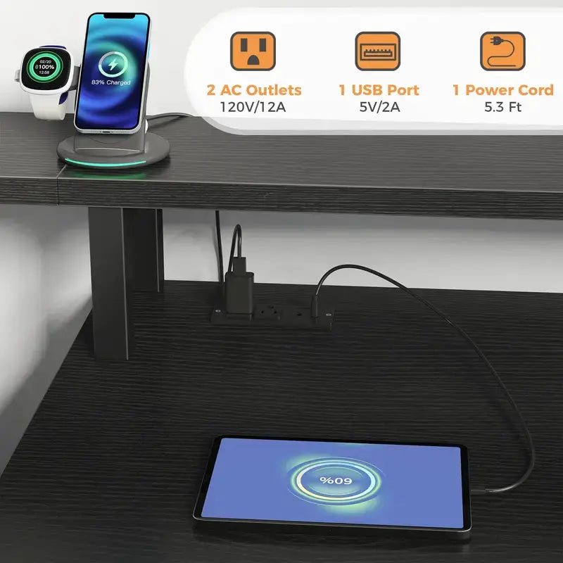 Sweetcrispy 67'' Computer Gaming Desk with 5-Drawer Storage, Monitor Stand, LED Lights, Power Outlets and Printer Cabinet