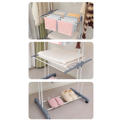 Oversized 4 Tier Clothes Drying Rack 66.93In High Foldable Stainless Steel Laundry Drying Rack with 4 Castors 24 Pillars 14 Hooks for Bed Linen Rolling Organizer