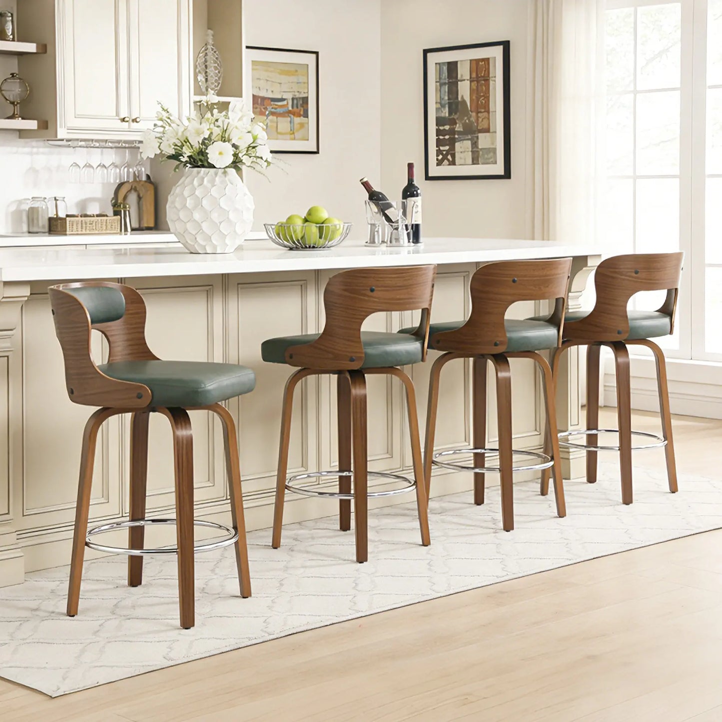 Counter Height Bar Stools Set - Mid-Century Modern Swivel Design with Bentwood Legs and Leather Upholstery, 360° Rotation, Available in Stylish Gray, Beige, Black, and White for Kitchen, Home Bar, or Restaurant