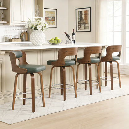 Counter Height Bar Stools Set - Mid-Century Modern Swivel Design with Bentwood Legs and Leather Upholstery, 360° Rotation, Available in Stylish Gray, Beige, Black, and White for Kitchen, Home Bar, or Restaurant