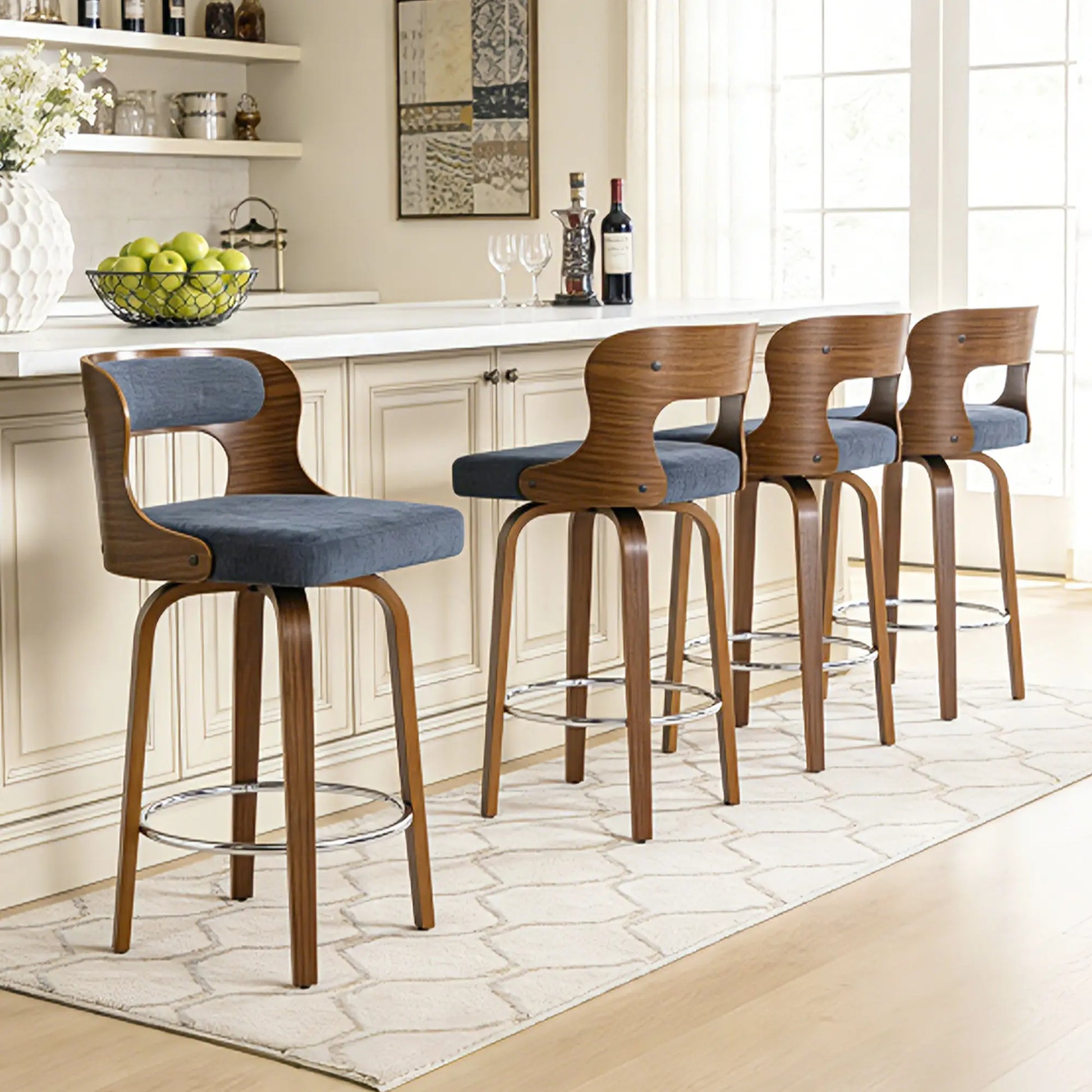 Counter Height Bar Stools Set - Mid-Century Modern Swivel Design with Bentwood Legs and Leather Upholstery, 360° Rotation, Available in Stylish Gray, Beige, Black, and White for Kitchen, Home Bar, or Restaurant