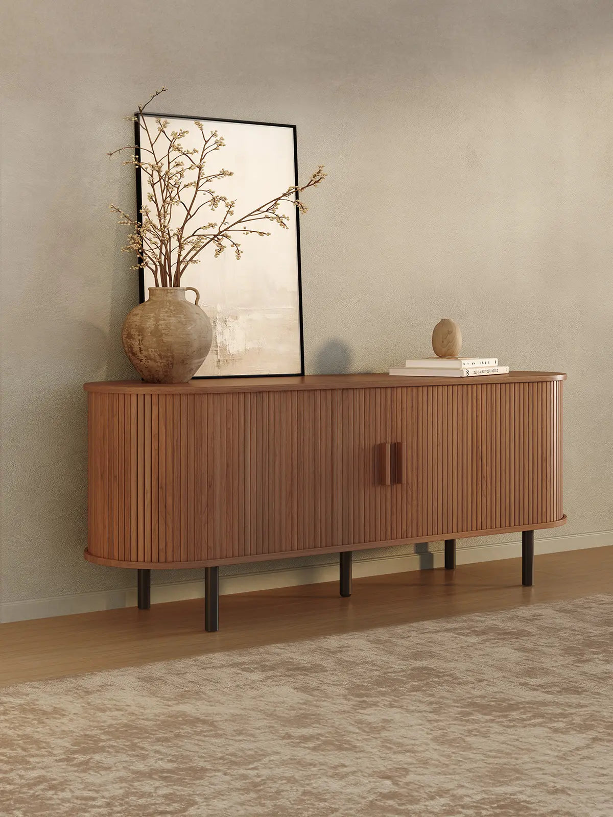 【Categoryselect】Onbrill Mid-Century Modern Wooden TV Stand - 55/63/69 In, Fluted Look, Power Outlets, Sliding Doors, Adjustable Shelves, Easy Assembly, for 60/70 in Tvs, Living Room Furniture Media Console TV Shelf