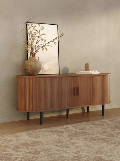 【Categoryselect】Onbrill Mid-Century Modern Wooden TV Stand - 55/63/69 In, Fluted Look, Power Outlets, Sliding Doors, Adjustable Shelves, Easy Assembly, for 60/70 in Tvs, Living Room Furniture Media Console TV Shelf