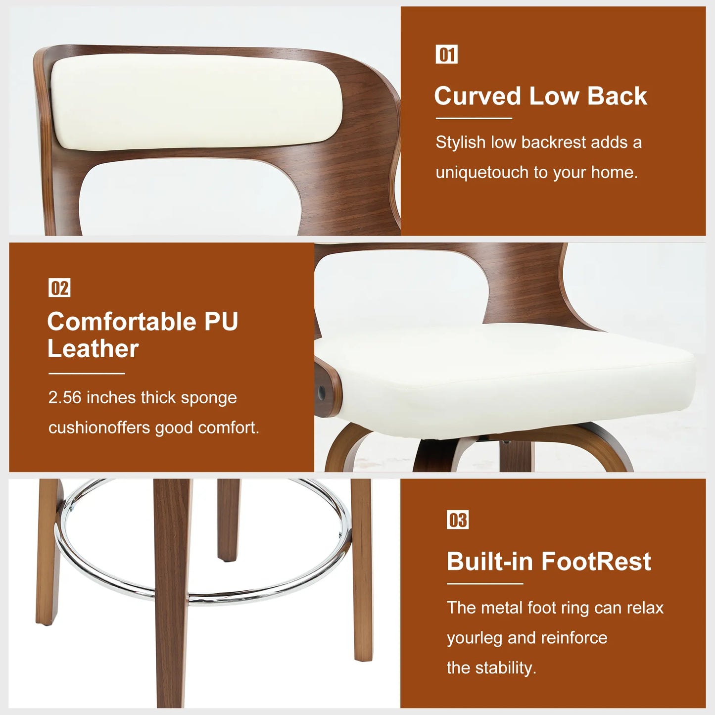 Counter Height Bar Stools Set - Mid-Century Modern Swivel Design with Bentwood Legs and Leather Upholstery, 360° Rotation, Available in Stylish Gray, Beige, Black, and White for Kitchen, Home Bar, or Restaurant