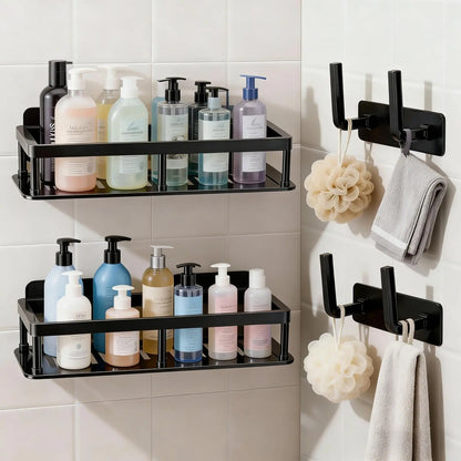 2-Pack Adhesive Wall-Mounted Floating Shelves with Hooks and Drainage Holes, Space-Saving Organizer for Bathroom, Kitchen, and Living Room (Black)