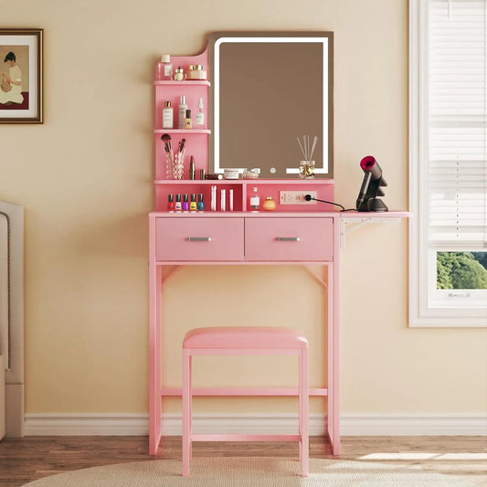 Makeup Vanity Desk with Mirror and Lights, Small Makeup Vanity with Fabric Storage Drawer & Chair & Shelves, Pink Vanity with Fold-Up Panel and Power Outlet for Bedroom