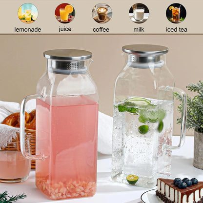 2 Quart Square Borosilicate Glass Pitcher with Lid and Spout, Ideal for Iced Tea, Coffee, Juice, and Milk, Features Handle for Easy Pouring, Suitable for Hot and Cold Beverages
