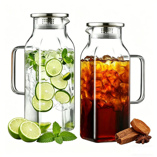 2 Quart Square Borosilicate Glass Pitcher with Lid and Spout, Ideal for Iced Tea, Coffee, Juice, and Milk, Features Handle for Easy Pouring, Suitable for Hot and Cold Beverages