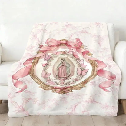 Virgin Mary Our Lady of Guadalupe Pink Bow Frame Flannel Blanket Soft Funny Throw Blanket Cozy Lightweight Plush Portable Cover Blanket for Sofa,Warm Gift for Birthday,Christmas,Multiple Blanket