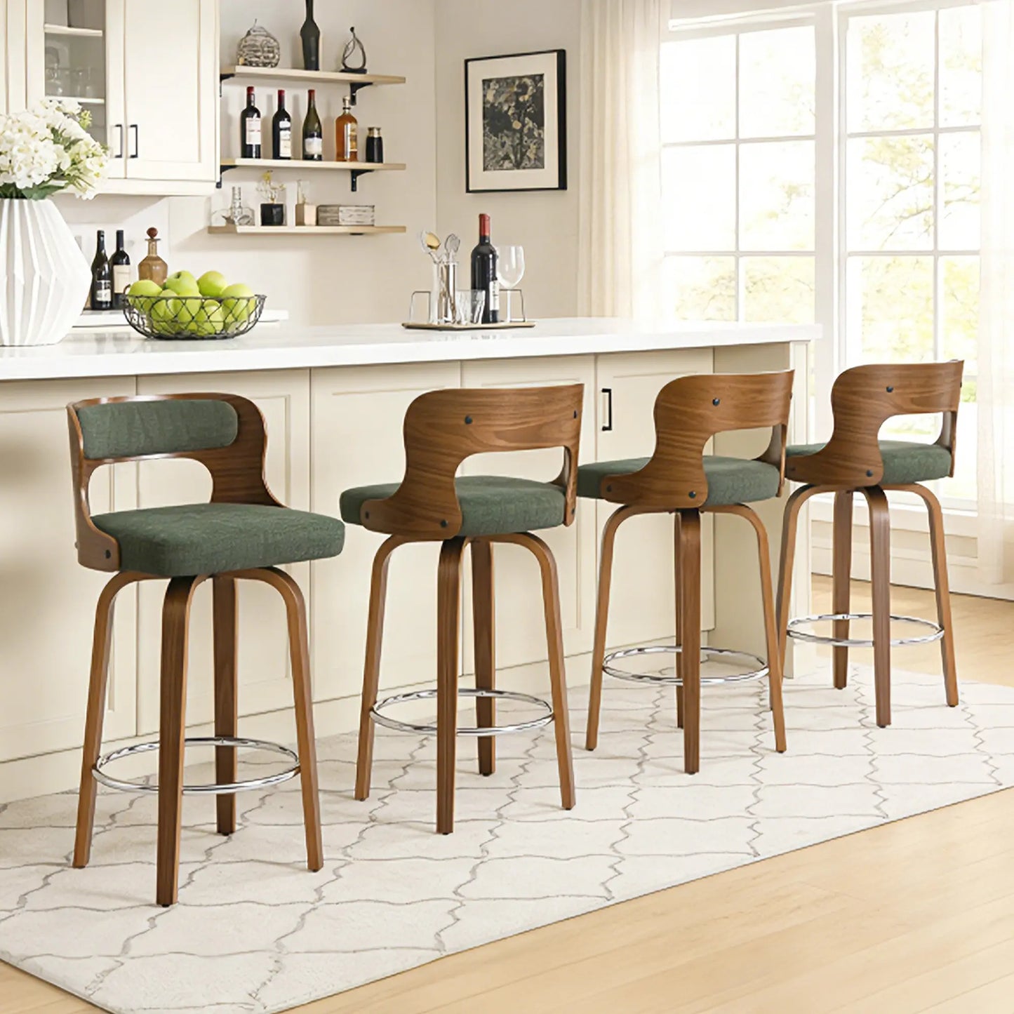 Counter Height Bar Stools Set - Mid-Century Modern Swivel Design with Bentwood Legs and Leather Upholstery, 360° Rotation, Available in Stylish Gray, Beige, Black, and White for Kitchen, Home Bar, or Restaurant