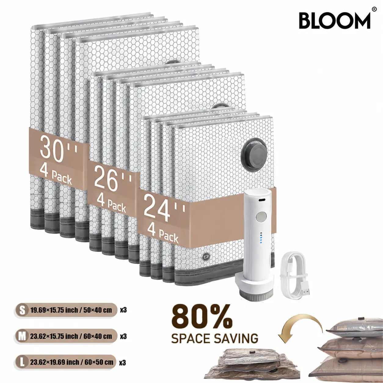 BLOOM LL [2026 Upgraded Edition] — 9/12/15/27-Piece Leak-Proof Vacuum Travel Storage Bag Set. Includes Rechargeable Cordless Electric Air Pump. Ideal for Clothing, Bedding, Luggage, Suitcases, and Moving Storage.