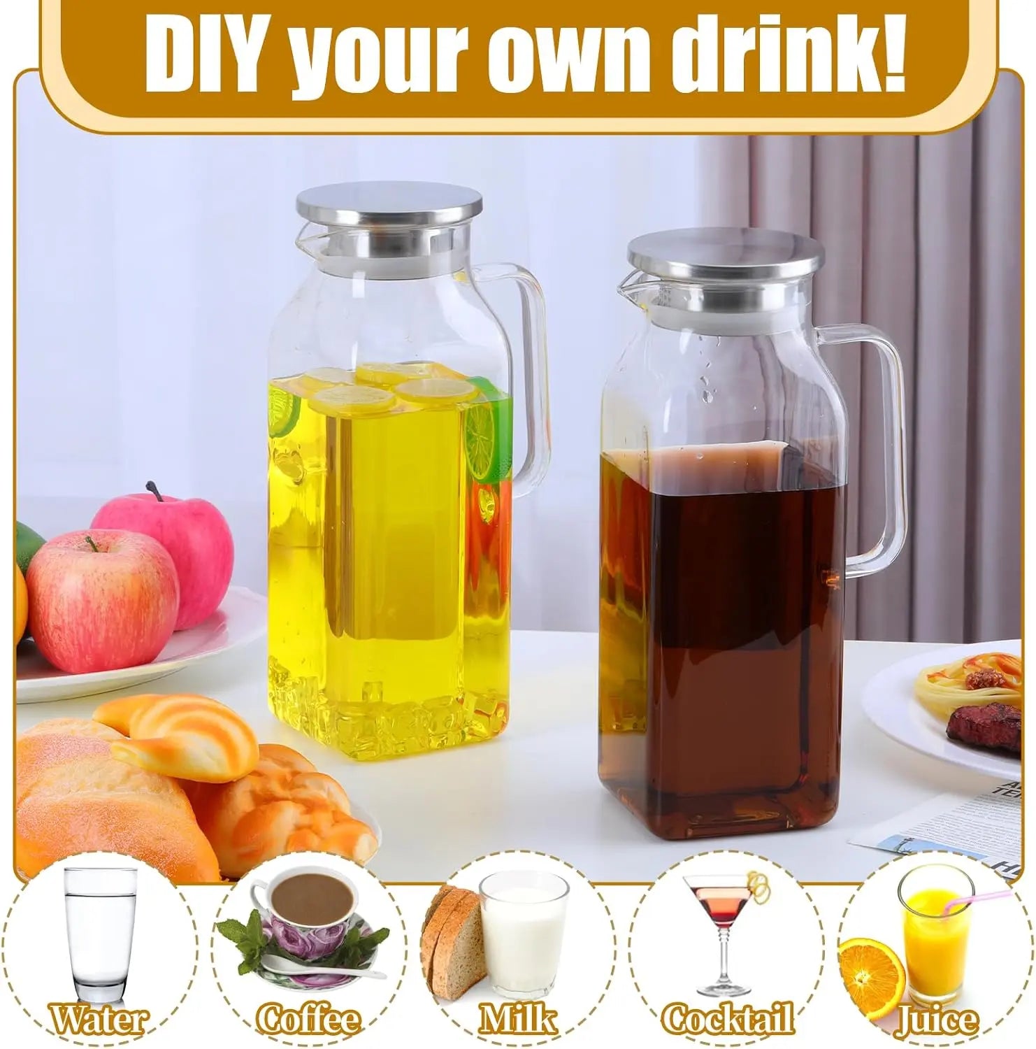 2 Quart Square Borosilicate Glass Pitcher with Lid and Spout, Ideal for Iced Tea, Coffee, Juice, and Milk, Features Handle for Easy Pouring, Suitable for Hot and Cold Beverages