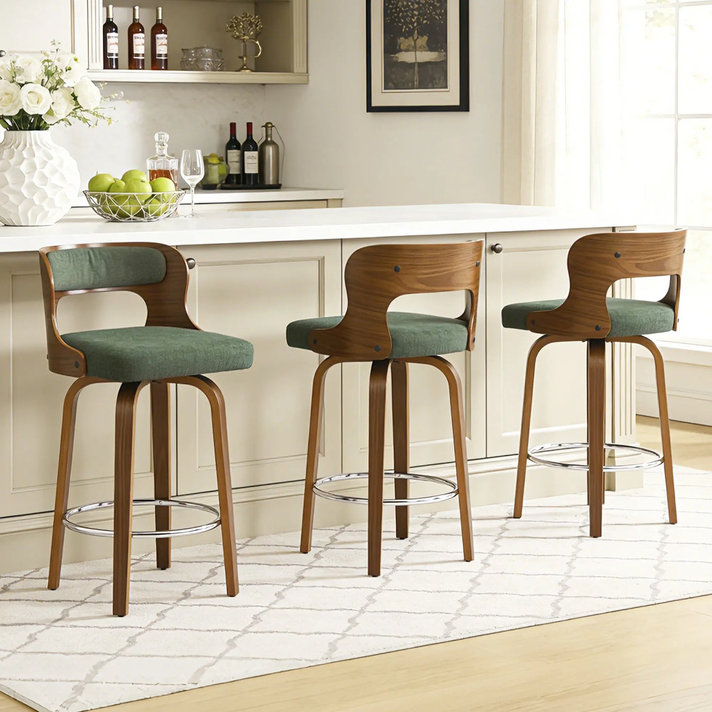 Counter Height Bar Stools Set - Mid-Century Modern Swivel Design with Bentwood Legs and Leather Upholstery, 360° Rotation, Available in Stylish Gray, Beige, Black, and White for Kitchen, Home Bar, or Restaurant
