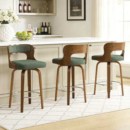 Counter Height Bar Stools Set - Mid-Century Modern Swivel Design with Bentwood Legs and Leather Upholstery, 360° Rotation, Available in Stylish Gray, Beige, Black, and White for Kitchen, Home Bar, or Restaurant