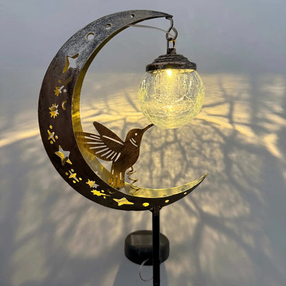 Solar Ground Stake Light with Hollow Iron Bird Moon Design and Broken Glass Ball for Outdoor Garden Pathway Decoration