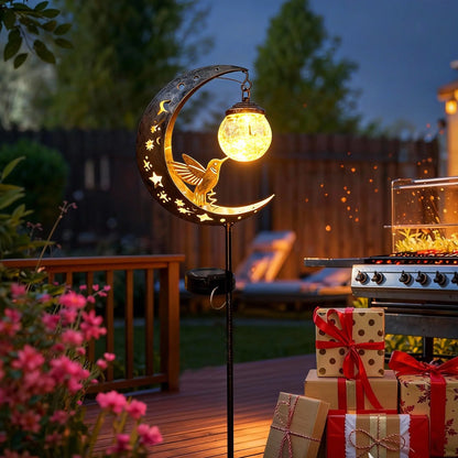 Solar Ground Stake Light with Hollow Iron Bird Moon Design and Broken Glass Ball for Outdoor Garden Pathway Decoration