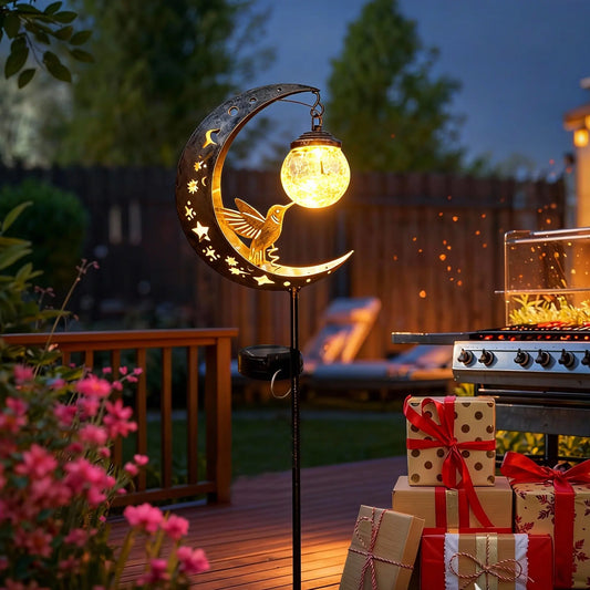 Solar Ground Stake Light with Hollow Iron Bird Moon Design and Broken Glass Ball for Outdoor Garden Pathway Decoration