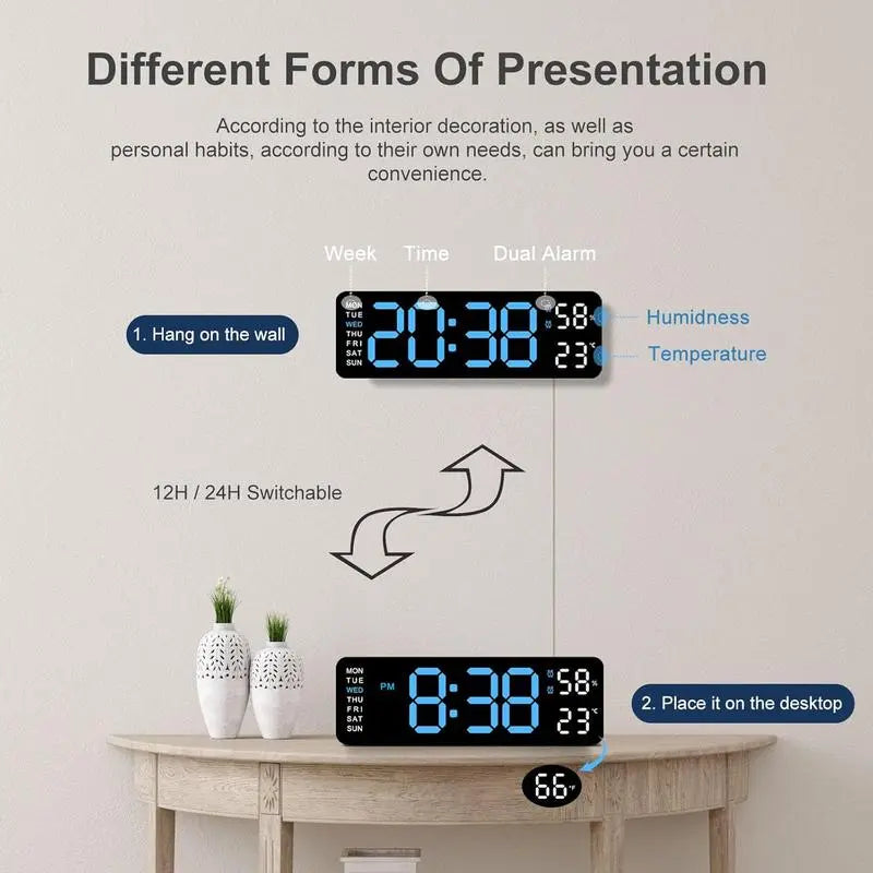 LED Digital Wall Clock with Mount and Switch - Dimmable Large Display, Countdown Timer, DST, Date, Week, Temperature - Modern Home Decor for Bedroom and Office - Ideal Gift for Mother's Day and Room Decor