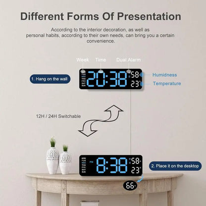 LED Digital Wall Clock with Mount and Switch - Dimmable Large Display, Countdown Timer, DST, Date, Week, Temperature - Modern Home Decor for Bedroom and Office - Ideal Gift for Mother's Day and Room Decor