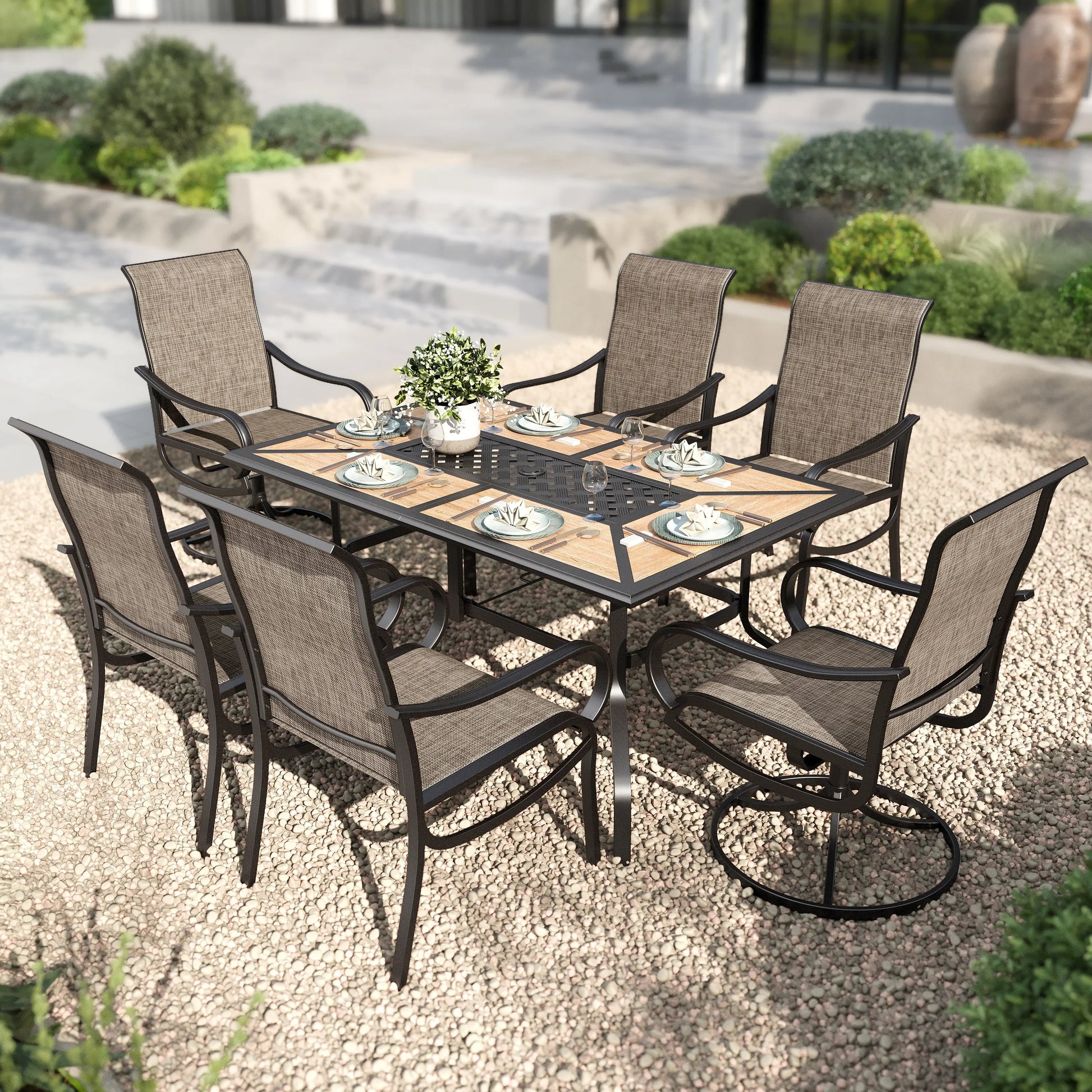 Phivilla Rectangular Outdoor Dining Table Set with 1.6"-2" Adjustable Umbrella Hole, 6 Person Patio Table for Outdoor, Rectangle Patio Table with Faux Wood Tabletop and Metal Steel Frame