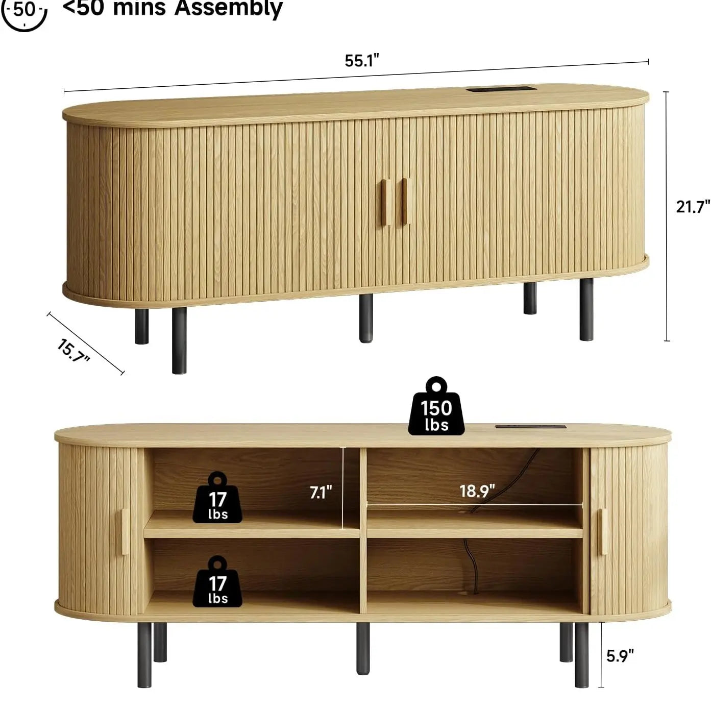 【Categoryselect】Onbrill Mid-Century Modern Wooden TV Stand - 55/63/69 In, Fluted Look, Power Outlets, Sliding Doors, Adjustable Shelves, Easy Assembly, for 60/70 in Tvs, Living Room Furniture Media Console TV Shelf