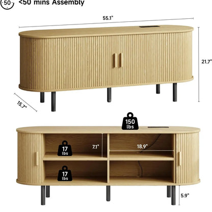 【Categoryselect】Onbrill Mid-Century Modern Wooden TV Stand - 55/63/69 In, Fluted Look, Power Outlets, Sliding Doors, Adjustable Shelves, Easy Assembly, for 60/70 in Tvs, Living Room Furniture Media Console TV Shelf