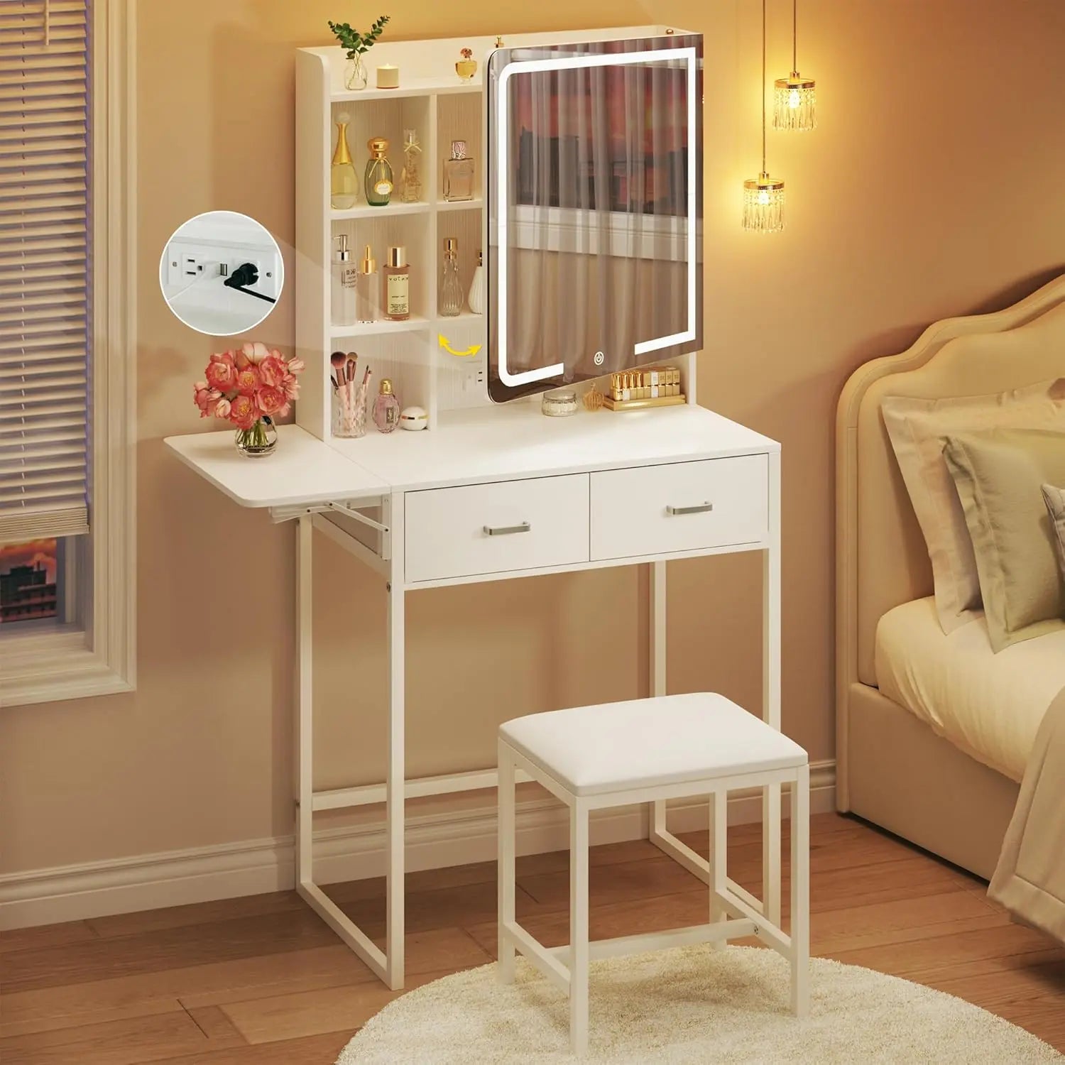 Makeup Vanity Desk with Mirror and Lights, Small Makeup Vanity with Fabric Storage Drawer & Chair & Shelves, Pink Vanity with Fold-Up Panel and Power Outlet for Bedroom