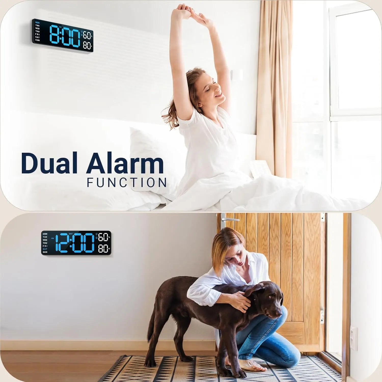 Bedroom Clock with Auto Dimming, 9.5 Inch Large LED Digital Clock with Temperature Humidity, Dual Alarm Clock with Snooze for Bedside, DST 12/24H Desk/Wall Clock Modern Home Decor for Bedroom & Office, Gifts for the Bedroom, Room Decor, Outdoorfun