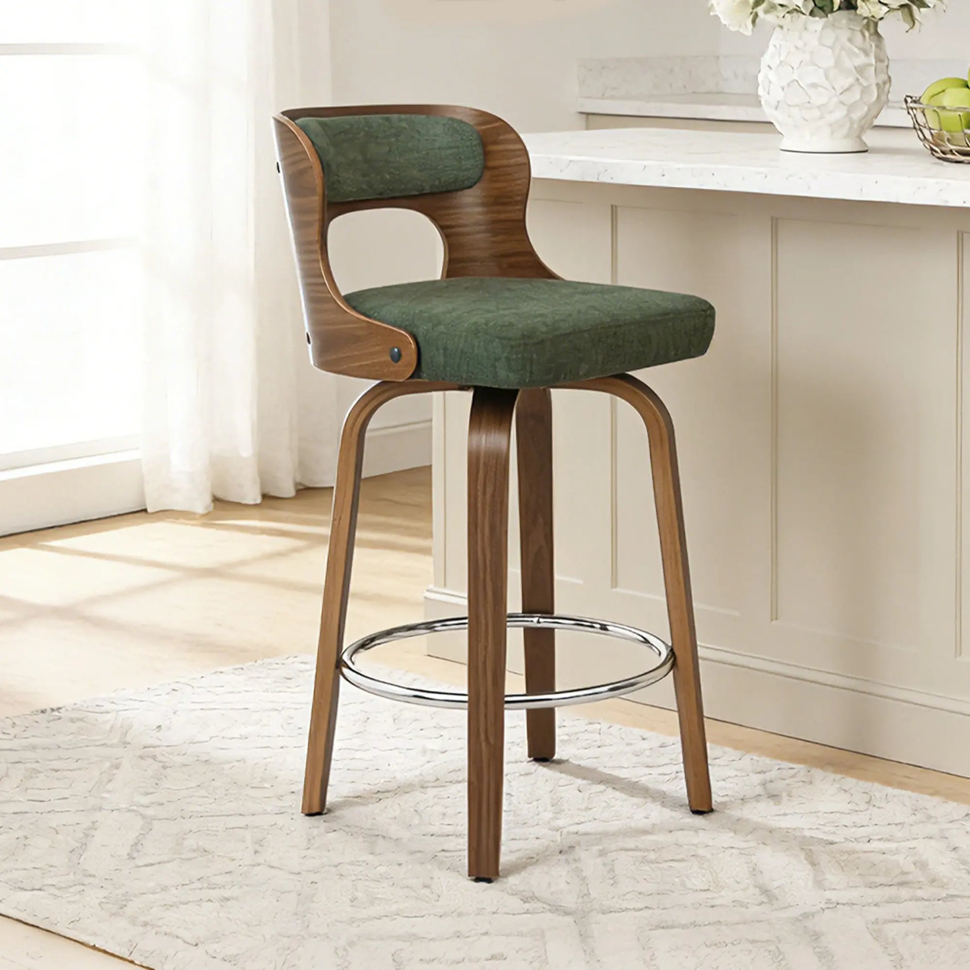 Counter Height Bar Stools Set - Mid-Century Modern Swivel Design with Bentwood Legs and Leather Upholstery, 360° Rotation, Available in Stylish Gray, Beige, Black, and White for Kitchen, Home Bar, or Restaurant