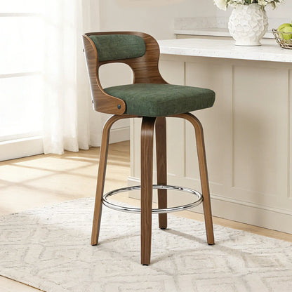 Counter Height Bar Stools Set - Mid-Century Modern Swivel Design with Bentwood Legs and Leather Upholstery, 360° Rotation, Available in Stylish Gray, Beige, Black, and White for Kitchen, Home Bar, or Restaurant