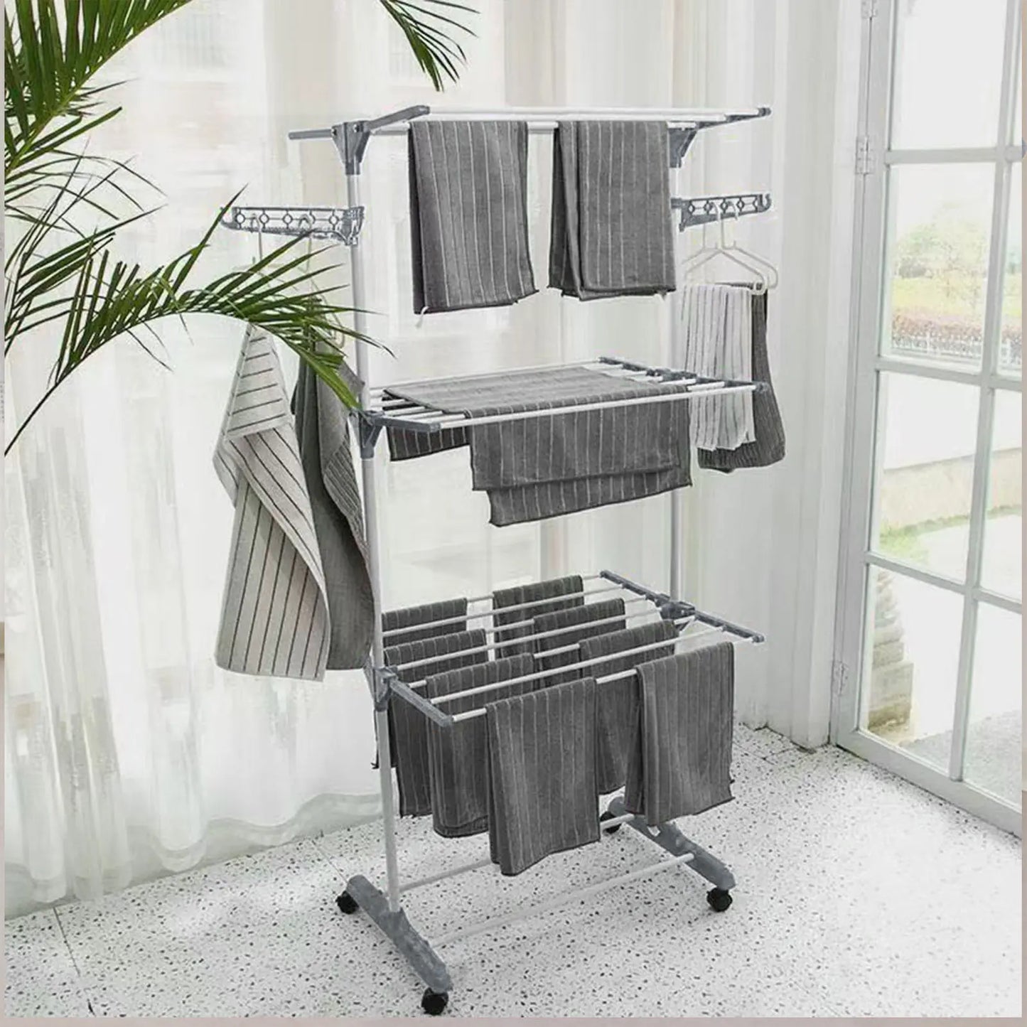 Oversized 4 Tier Clothes Drying Rack 66.93In High Foldable Stainless Steel Laundry Drying Rack with 4 Castors 24 Pillars 14 Hooks for Bed Linen Rolling Organizer