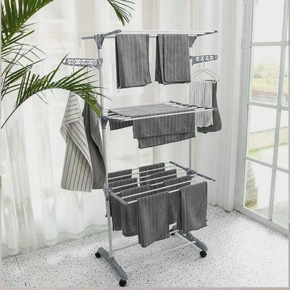 Oversized 4 Tier Clothes Drying Rack 66.93In High Foldable Stainless Steel Laundry Drying Rack with 4 Castors 24 Pillars 14 Hooks for Bed Linen Rolling Organizer