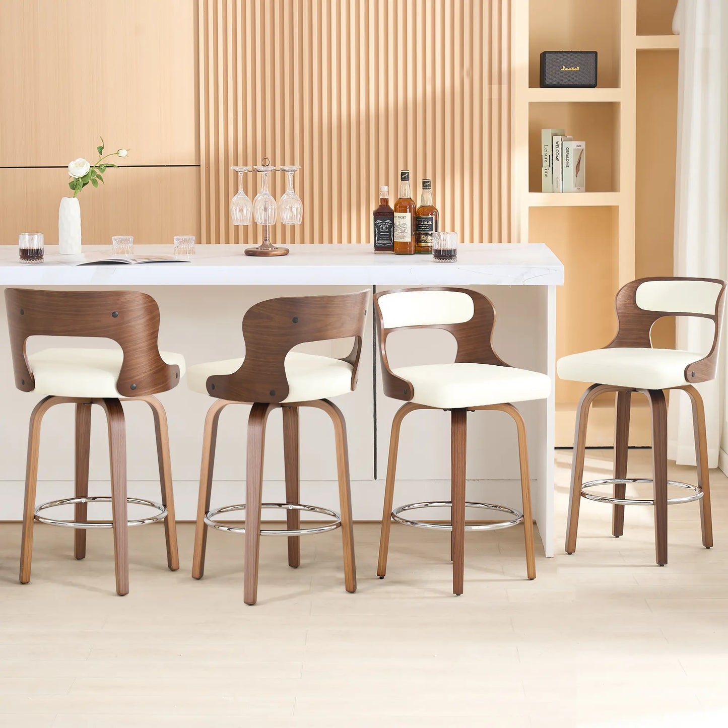 Counter Height Bar Stools Set - Mid-Century Modern Swivel Design with Bentwood Legs and Leather Upholstery, 360° Rotation, Available in Stylish Gray, Beige, Black, and White for Kitchen, Home Bar, or Restaurant