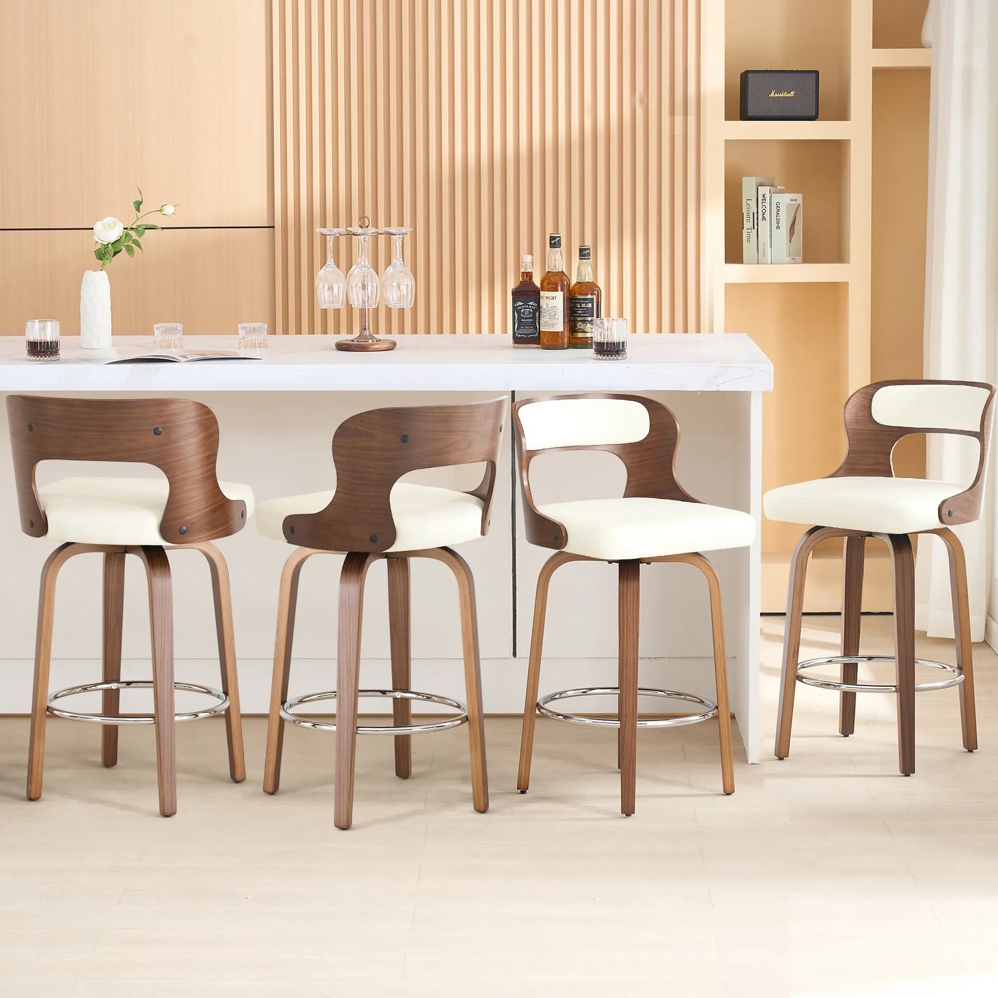 Counter Height Bar Stools Set - Mid-Century Modern Swivel Design with Bentwood Legs and Leather Upholstery, 360° Rotation, Available in Stylish Gray, Beige, Black, and White for Kitchen, Home Bar, or Restaurant