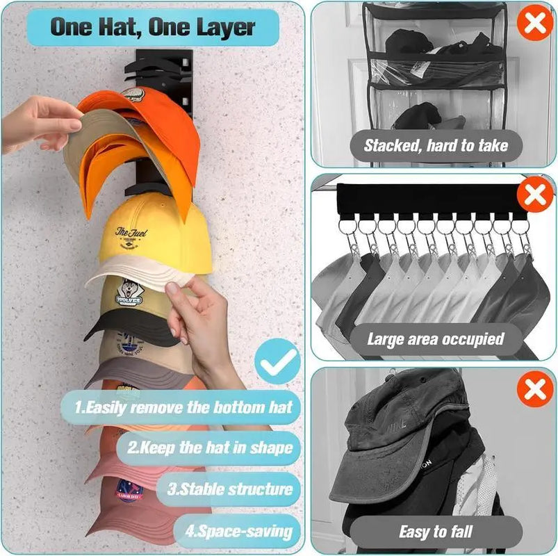Summervibes-Hat Organizer for Baseball Caps 2Pack, Hat Rack for Wall with Strong Adhesive Hold up to 20 Hats, Hat Hanger Holder Display for Door Closet, Cap Organizer Storage Multilayer Two Mounting Option Wall-Mounted Multilayer Adjustable Hat Hooks
