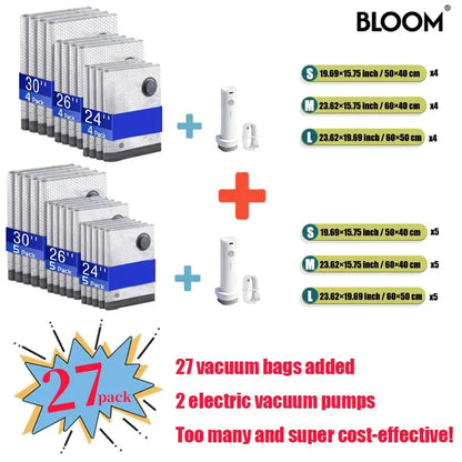BLOOM LL [2026 Upgraded Edition] — 9/12/15/27-Piece Leak-Proof Vacuum Travel Storage Bag Set. Includes Rechargeable Cordless Electric Air Pump. Ideal for Clothing, Bedding, Luggage, Suitcases, and Moving Storage.