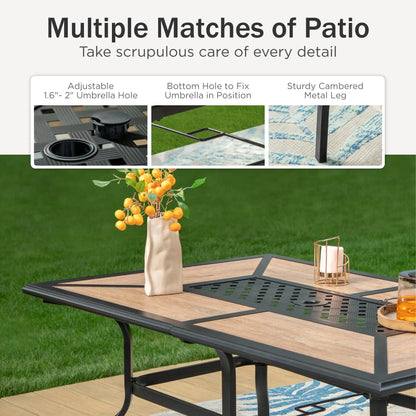 Phivilla Rectangular Outdoor Dining Table Set with 1.6"-2" Adjustable Umbrella Hole, 6 Person Patio Table for Outdoor, Rectangle Patio Table with Faux Wood Tabletop and Metal Steel Frame