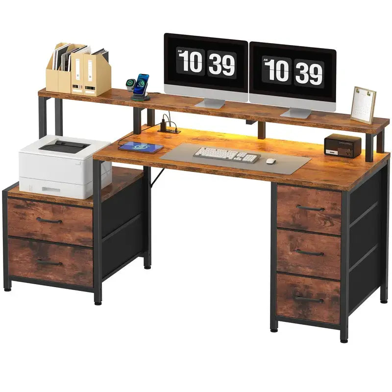 Sweetcrispy 67'' Computer Gaming Desk with 5-Drawer Storage, Monitor Stand, LED Lights, Power Outlets and Printer Cabinet