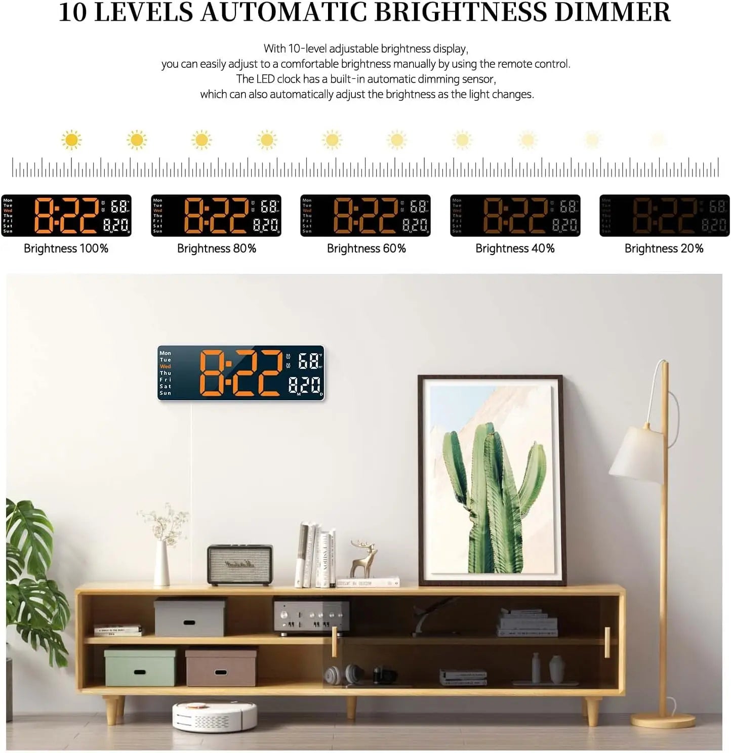 Bedroom Clock with Auto Dimming, 9.5 Inch Large LED Digital Clock with Temperature Humidity, Dual Alarm Clock with Snooze for Bedside, DST 12/24H Desk/Wall Clock Modern Home Decor for Bedroom & Office, Gifts for the Bedroom, Room Decor, Outdoorfun