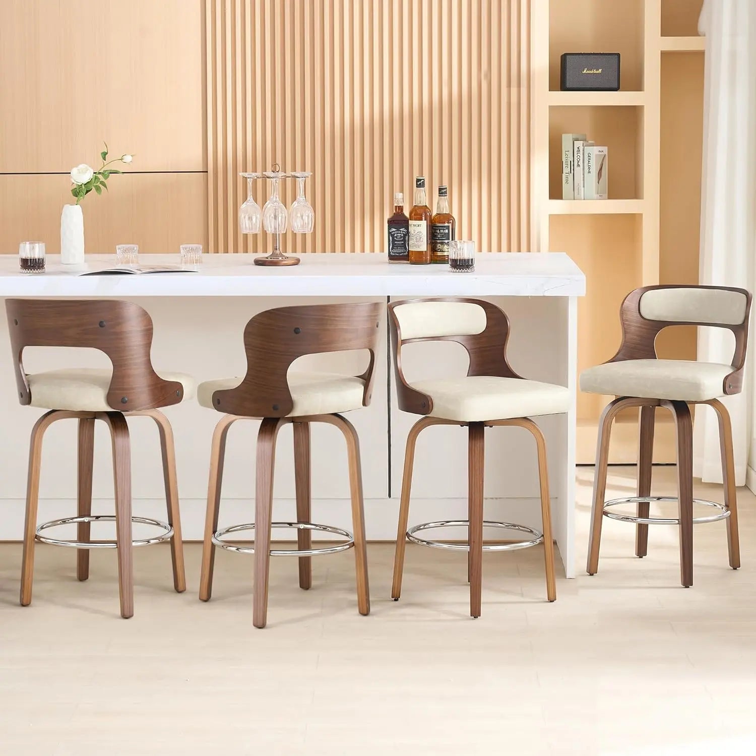 Counter Height Bar Stools Set - Mid-Century Modern Swivel Design with Bentwood Legs and Leather Upholstery, 360° Rotation, Available in Stylish Gray, Beige, Black, and White for Kitchen, Home Bar, or Restaurant