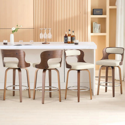 Counter Height Bar Stools Set - Mid-Century Modern Swivel Design with Bentwood Legs and Leather Upholstery, 360° Rotation, Available in Stylish Gray, Beige, Black, and White for Kitchen, Home Bar, or Restaurant