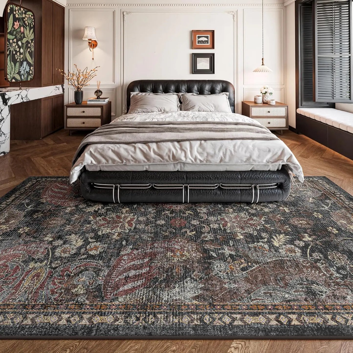 Large Black Persian-Style Living Room Rug, Exquisitely Patterned Faux Cashmere, Soft, Slip-Resistant, Durable, Machine Washable - Ideal for Living Rooms, Bedrooms, Dorms, Entryways, and Home Decor
