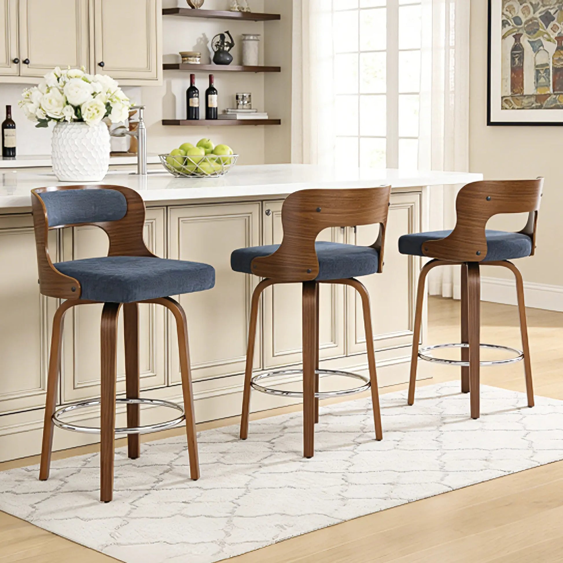 Counter Height Bar Stools Set - Mid-Century Modern Swivel Design with Bentwood Legs and Leather Upholstery, 360° Rotation, Available in Stylish Gray, Beige, Black, and White for Kitchen, Home Bar, or Restaurant