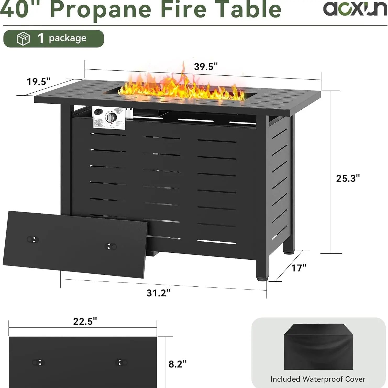 Aoxun 40 Inch Propane Fire Pit–50,000 BTU Gas Fire Pit Table with Removable Lid & Lava Rocks, Rectangle Firepit Table for Outside, Patio, Deck, Backyard, Black