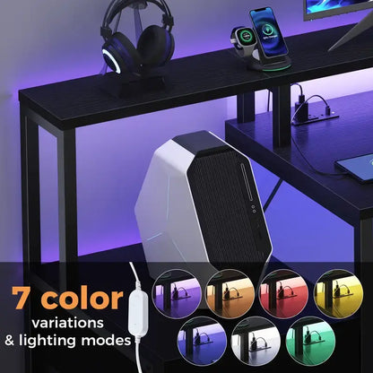 Sweetcrispy 67'' Computer Gaming Desk with 5-Drawer Storage, Monitor Stand, LED Lights, Power Outlets and Printer Cabinet