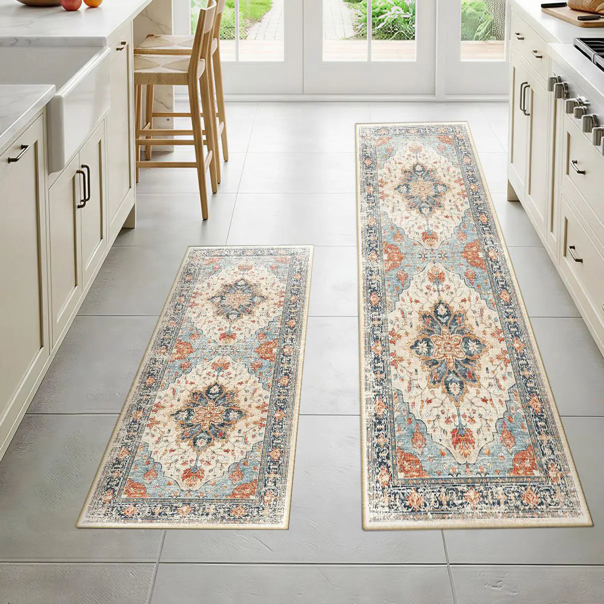 Summervibes BESTSWEETIE 2Pcs Kitchen Runner Rug Large Boho Area Rug Set Geometric Farmhouse Mat Non Slip Washable Mat for Kitchen Living Room Entryway Laundry Room