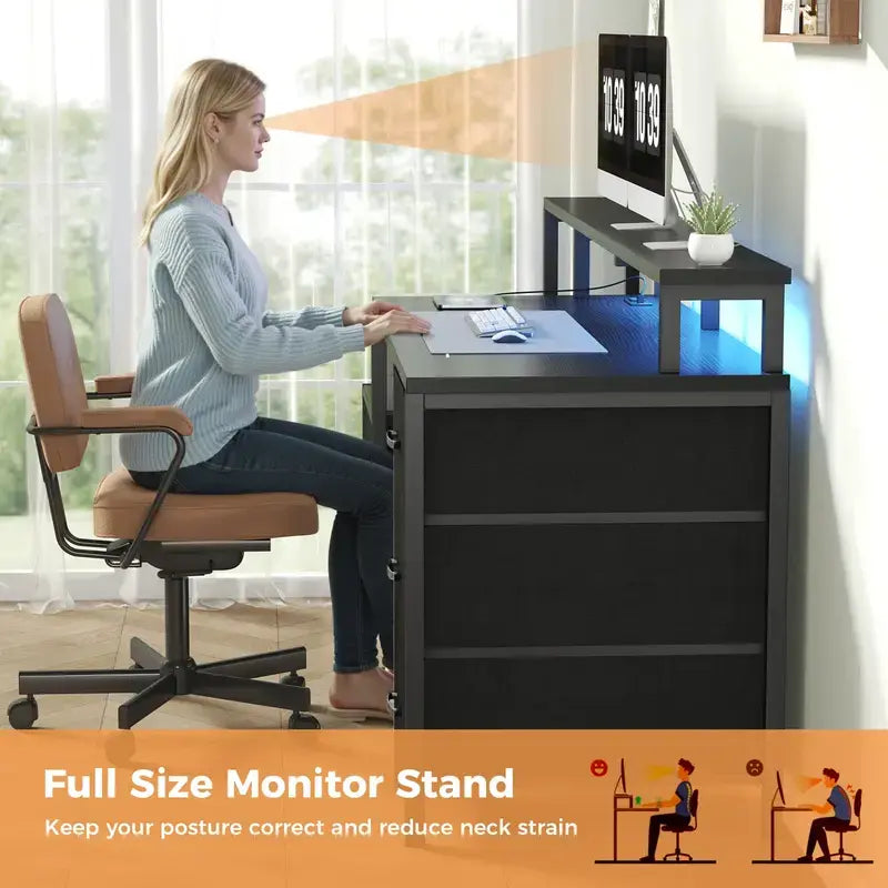 Sweetcrispy 67'' Computer Gaming Desk with 5-Drawer Storage, Monitor Stand, LED Lights, Power Outlets and Printer Cabinet