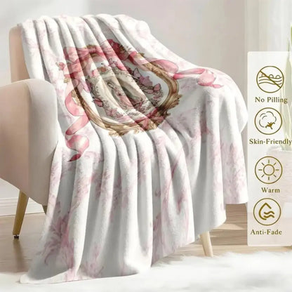 Virgin Mary Our Lady of Guadalupe Pink Bow Frame Flannel Blanket Soft Funny Throw Blanket Cozy Lightweight Plush Portable Cover Blanket for Sofa,Warm Gift for Birthday,Christmas,Multiple Blanket