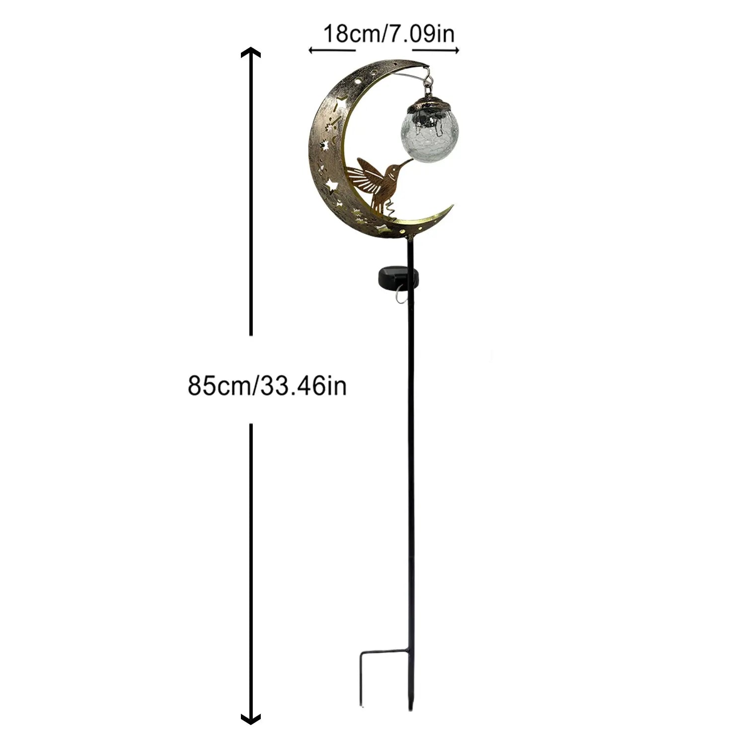 Solar Ground Stake Light with Hollow Iron Bird Moon Design and Broken Glass Ball for Outdoor Garden Pathway Decoration