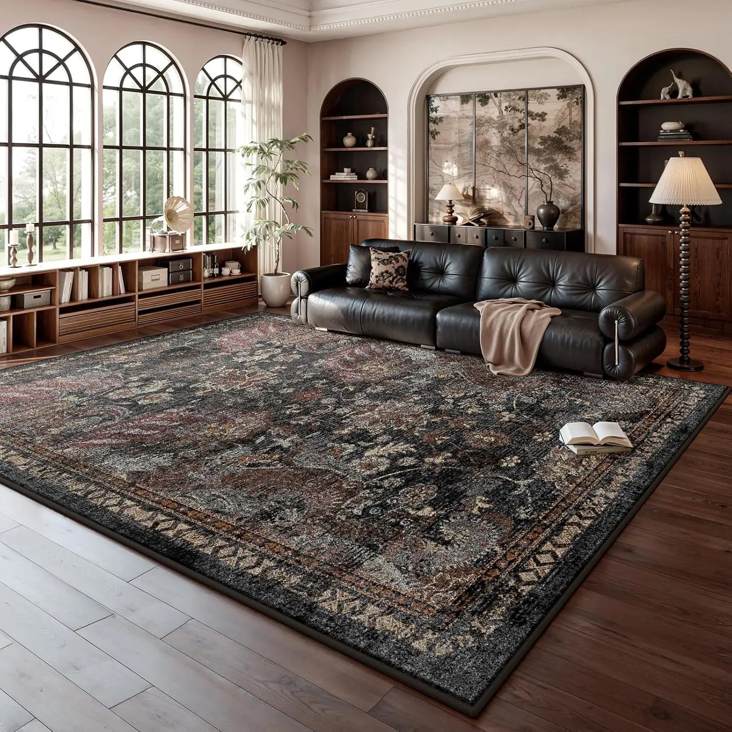 Large Black Persian-Style Living Room Rug, Exquisitely Patterned Faux Cashmere, Soft, Slip-Resistant, Durable, Machine Washable - Ideal for Living Rooms, Bedrooms, Dorms, Entryways, and Home Decor